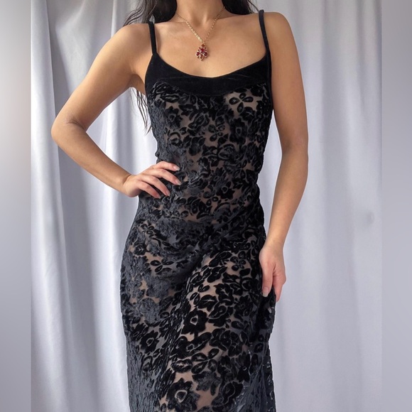 Victoria's Secret Other - Victoria Secret Black Burnout Velvet Floral Slip Dress Maxi with Thigh Slit, M